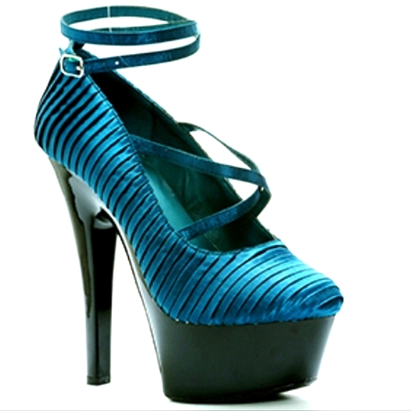 Turquoise Pleated Satin Platform 6" Stiletto Heels Ankle Strap Boudoir Costume - Picture 9 of 14